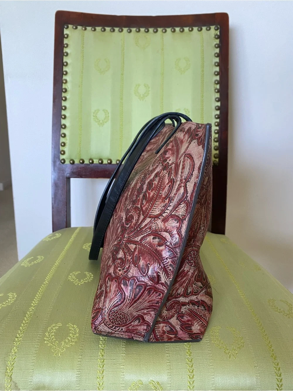 B May Western Floral Embossed Tooled Leather Tote Bag Maroon Oxblood Boho Rustic